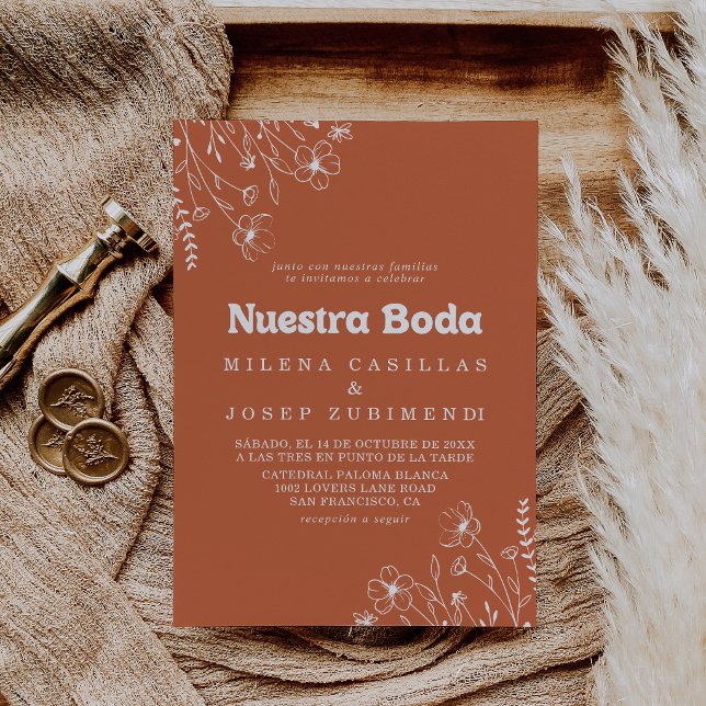 Minimal Terracotta Wildflower Nuestra Boda Wedding Invitation (Creator Uploaded)