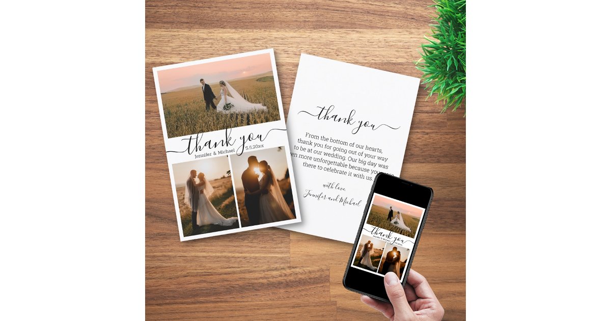 minimal thank you 3 photos collage wedding card | Zazzle