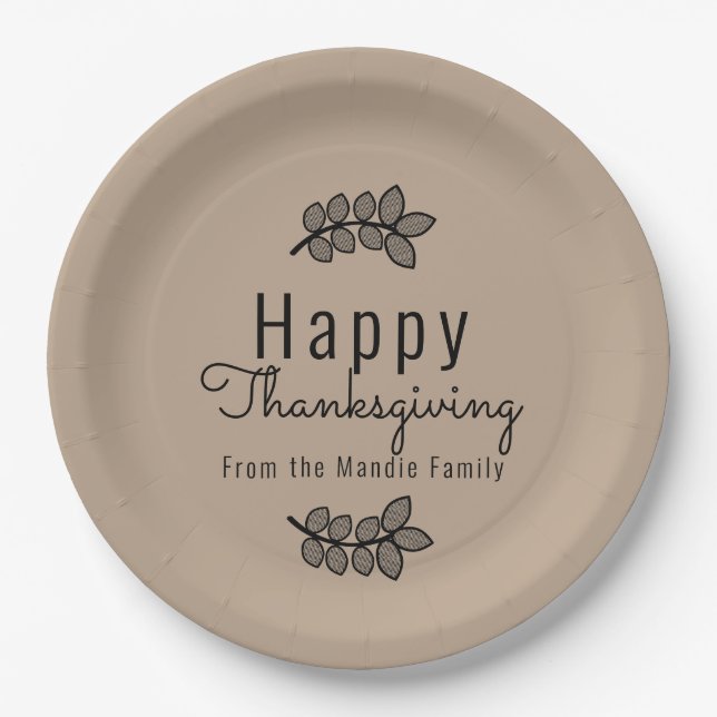 Minimal Thanksgiving Branch Greenery Script Paper Plates (Front)