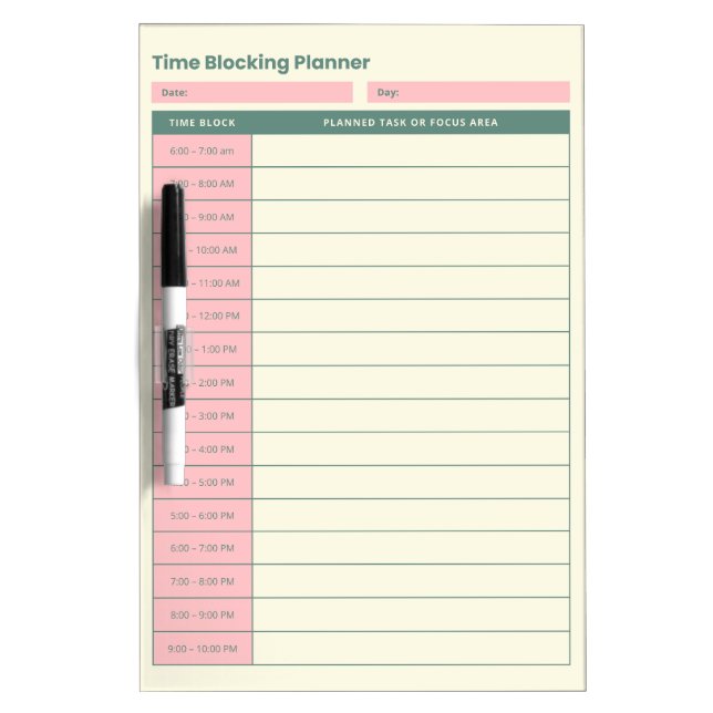 Minimal Time Blocking Planner Pink Layout Dry Erase Board (Front)