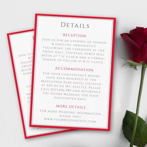 Minimal Timeless Elegant Cherry Red Wedding Detail Enclosure Card