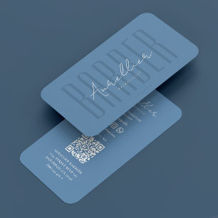 Minimal Travel Barber Dusty Blue Barbershop Script Business Card