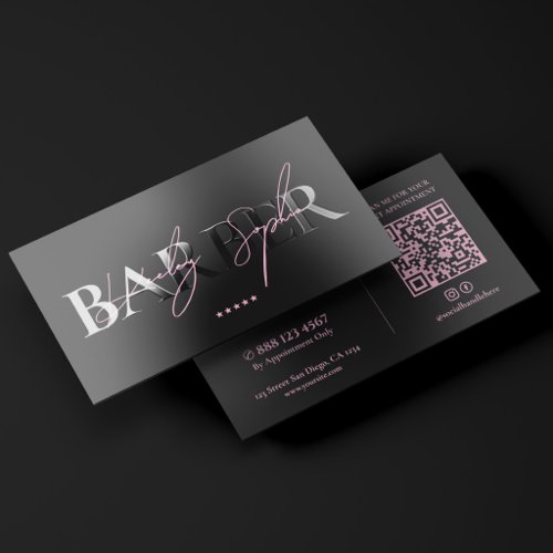 Minimal Travel Barber Luxury Pink Black Raised Spot UV Business Card