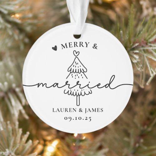 Minimal Tree Merry and Married Newlywed Christmas Ornament