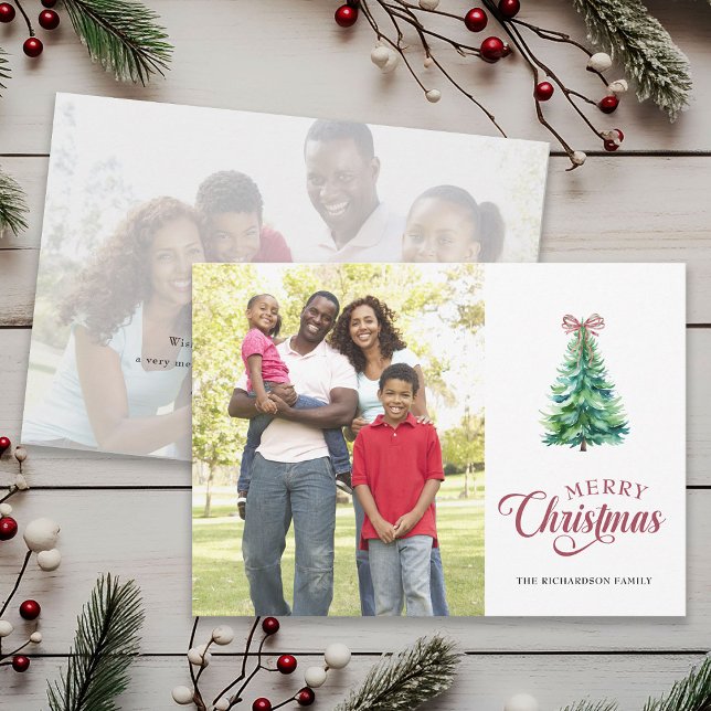 Minimal Tree With Bow 2 Photo Christmas Card (Creator Uploaded)