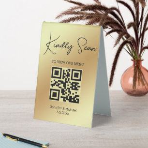 minimal trendy qr code wedding menu gold table tent