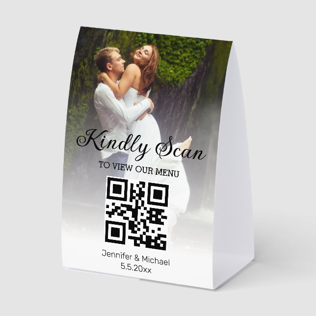  minimal trendy qr code wedding menu photo paper table tent  (Front)