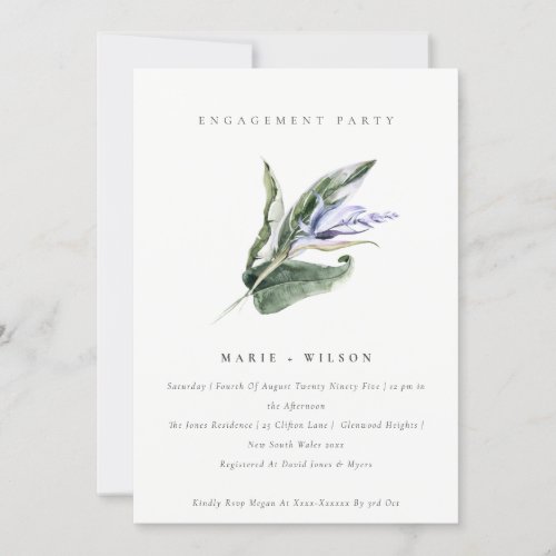 Minimal Tropical Leafy Blue Floral Engagement Invitation