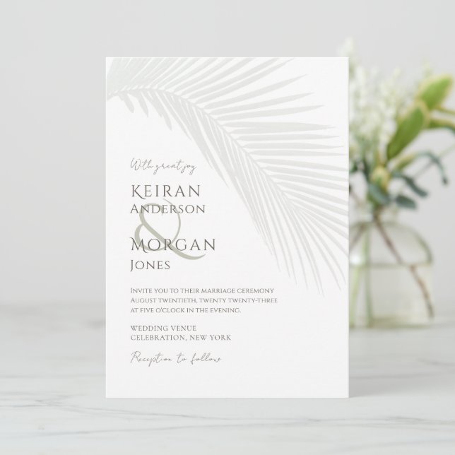 Minimal Tropical Palm Leaf Boho Beach Wedding Invitation (Standing Front)