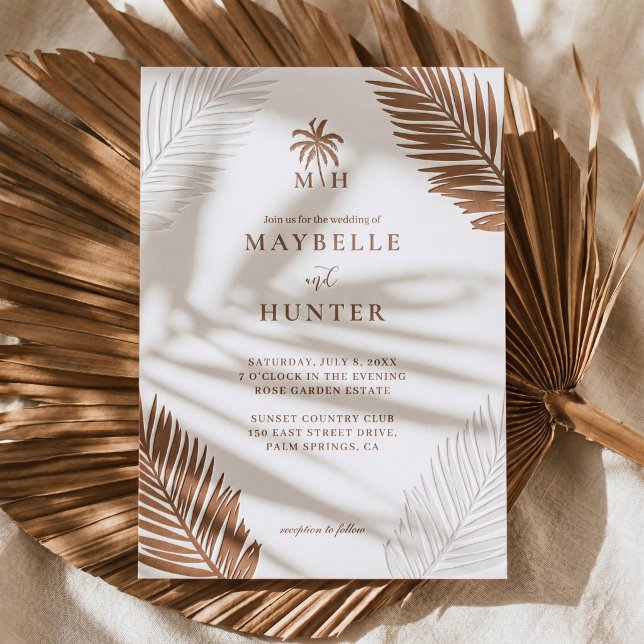 Minimal Tropical Palm Leaf Monogram Boho Wedding Letterpress Invitation (Minimal Tropical Palm Leaf Monogram Boho Wedding Letterpress Invitation)