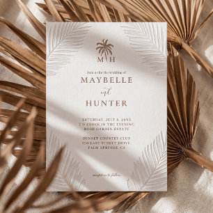 Minimal Tropical Palm Leaf Monogram Boho Wedding Letterpress Invitation