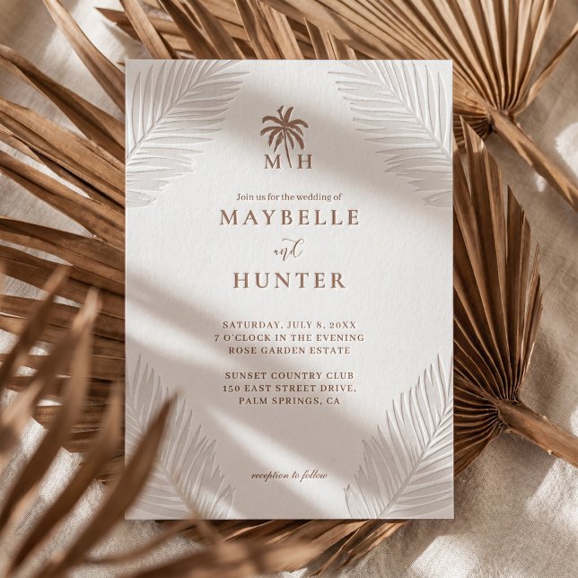 Minimal Tropical Palm Leaf Monogram Boho Wedding Letterpress Invitation (Minimal Tropical Palm Leaf Monogram Boho Wedding Letterpress Invitation)