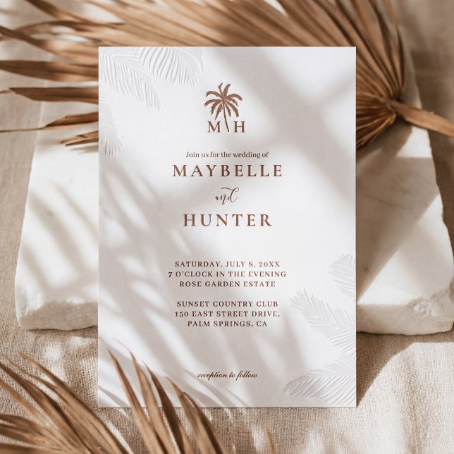 Minimal Tropical Palm Tree Monogram Beach Wedding Letterpress Invitation (Minimal Tropical Palm Tree Monogram Beach Wedding Letterpress Invitation)