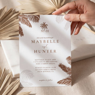 Minimal Tropical Palm Tree Monogram Beach Wedding Letterpress Invitation
