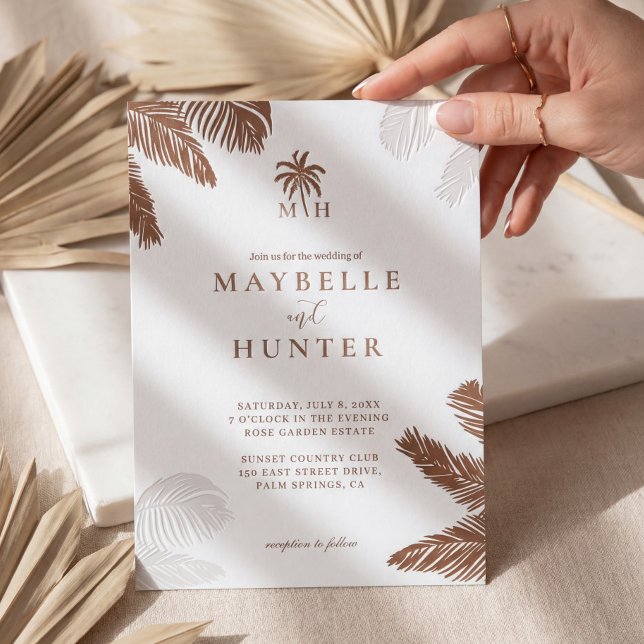 Minimal Tropical Palm Tree Monogram Beach Wedding Letterpress Invitation (Minimal Tropical Palm Tree Monogram Beach Wedding Letterpress Invitation)