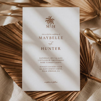 Minimal Tropical Palm Tree Monogram Beach Wedding Letterpress Invitation