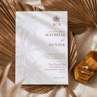 Minimal Tropical Palms Tree Monogram Beach Wedding Letterpress Invitation