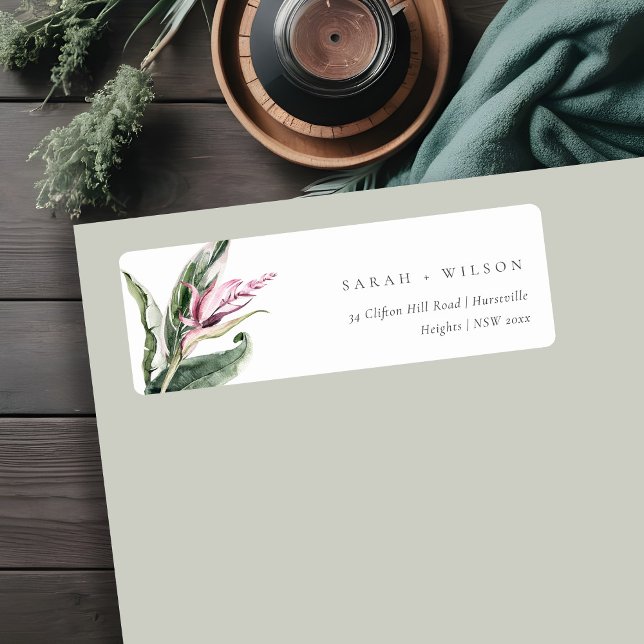 Minimal Tropical Pink Green Leafy Floral Address Label (Creator Uploaded)