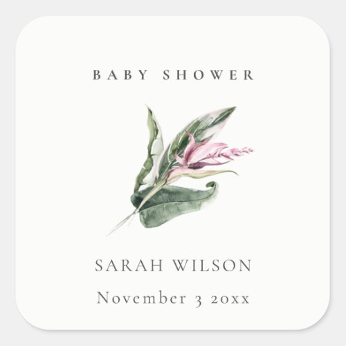 Minimal Tropical Pink Leafy Floral Baby Shower Square Sticker