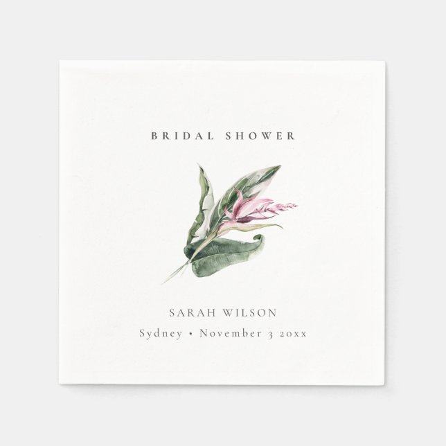 Minimal Tropical Pink Leafy Floral Bridal Shower Napkins (Front)
