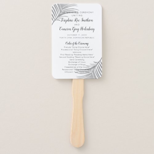 Minimal Tropical Silver Palm Leaf Wedding Program Hand Fan