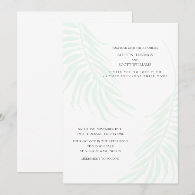 Minimal Tropical Wedding Green and White Chic Invitation (Front/Back)