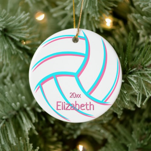 minimal turquoise pink girly keepsake volleyball ceramic ornament