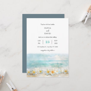 Minimal Turquoise Sea Plumeria Flowers Wedding Invitation