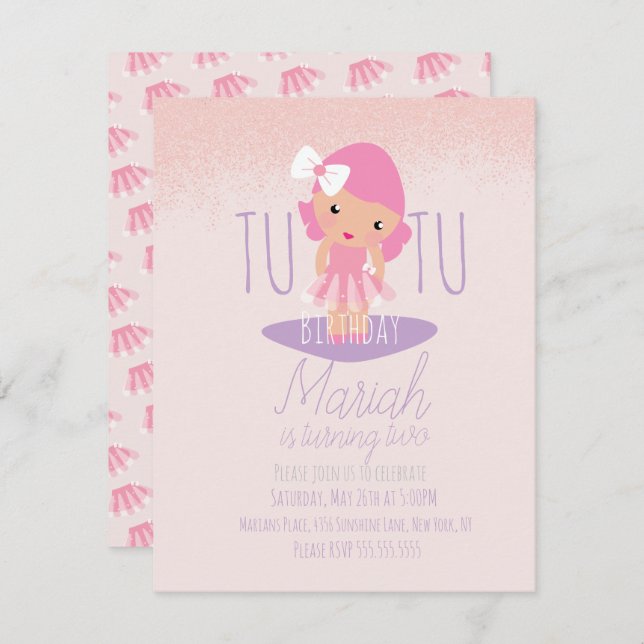 Minimal Tutu Girl's Birthday Cartoon Pink Glitter Invitation (Front/Back)