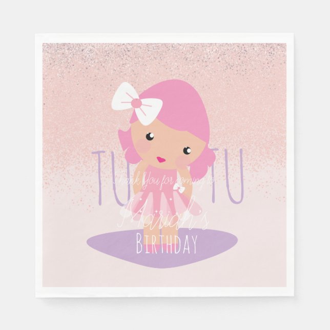 Minimal Tutu Girl's Birthday Cartoon Pink Glitter  Napkins (Front)