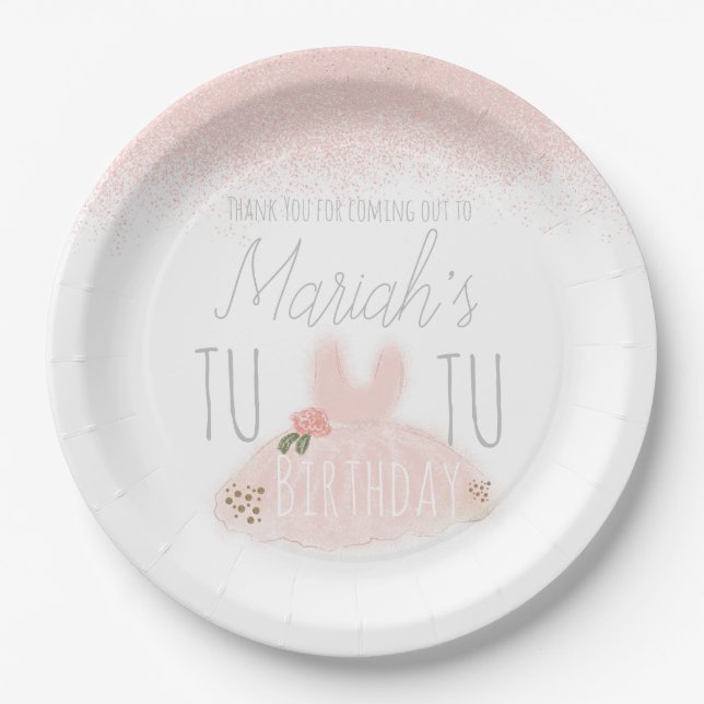Minimal Tutu Girl's Birthday Turning Two Glitter  Paper Plates (Front)