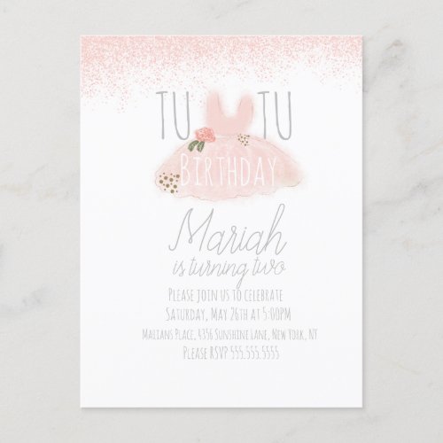 Minimal Tutu Girls Birthday Turning Two Glitter  Postcard