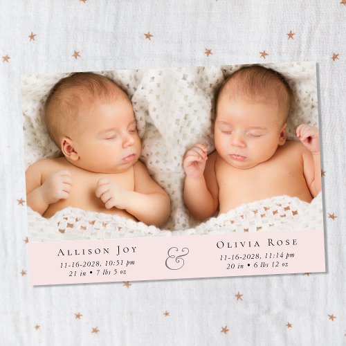Minimal Twin Baby Girls Photo Collage Announcement