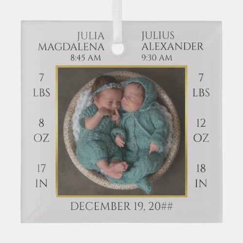 Minimal Twin Baby Name Birth Stats Photo Keepsake Glass Ornament