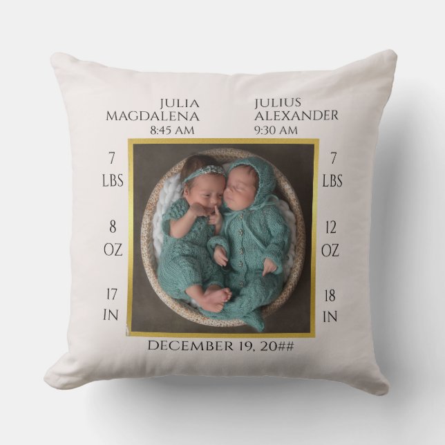 Minimal Twin Baby Name Birth Stats Photo Keepsake Throw Pillow (Front)
