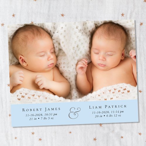 Minimal Twin Boys Photo Blue Birth Announcement
