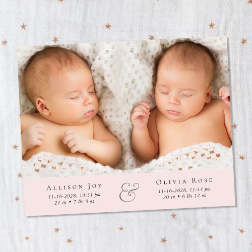 Minimal Twin Girls Photo Pink Birth Announcement