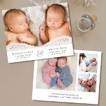 Minimal Twins Photo Birth Announcement<br><div class="desc">Minimal budget-friendly twin boys or girls photo collage birth announcement. On the front,  add their photo,  names,  arrival dates and birth stats in simple,  modern typography. On the reverse side,  add three additional photos and your "welcomed by" message.</div>