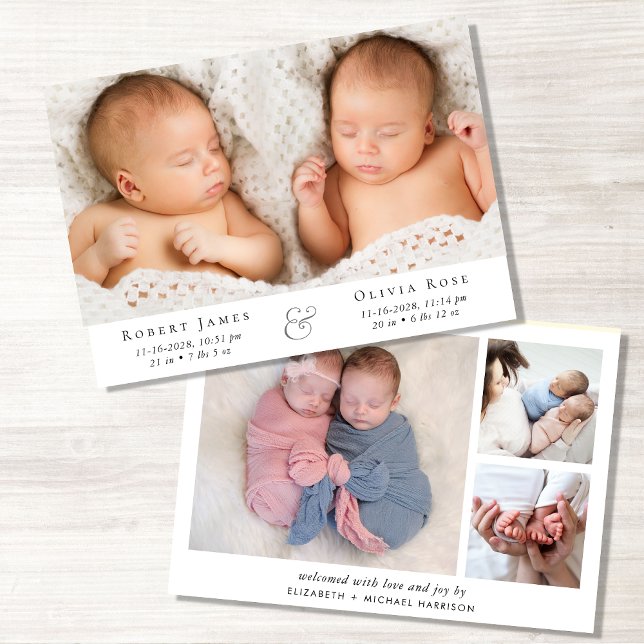 Minimal Twins Photo Collage Birth Announcement (Announce the arrival of your precious twins in a way that is as beautiful and unique as they are)