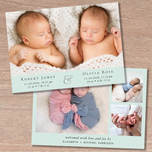 Minimal Twins Photo Collage Mint Green Announcement