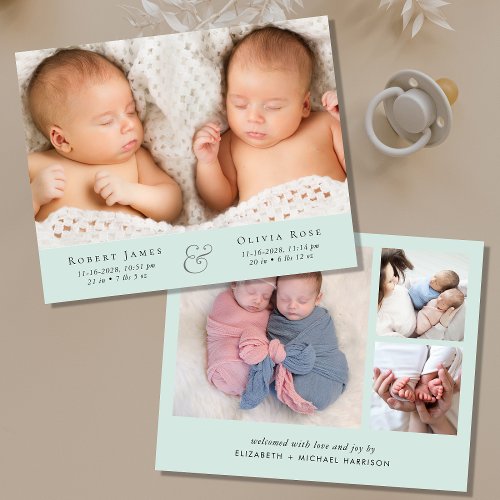 Minimal Twins Photo Mint Green Birth Announcement