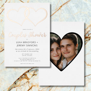 Minimal Two Hearts Black White Couple Shower Photo Foil Invitation