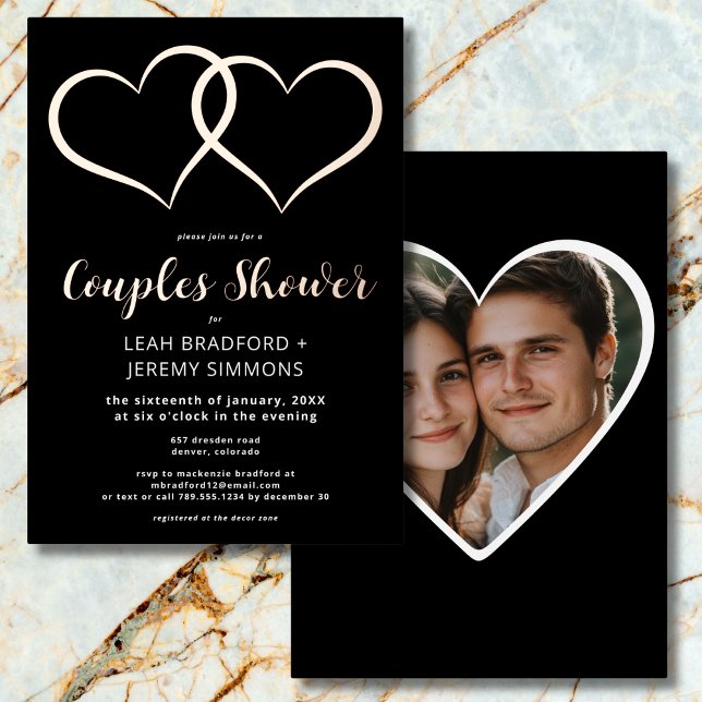 Minimal Two Hearts Black White Couple Shower Photo Foil Invitation (Minimal Two Hearts Black White Couple Shower Photo Foil Invitation)