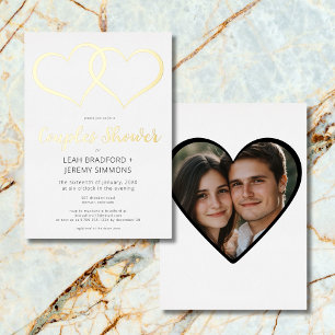Minimal Two Hearts Black White Couple Shower Photo Foil Invitation