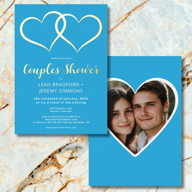 Minimal Two Hearts French Blue Couple Shower Photo Foil Invitation (Minimal Two Hearts French Blue Couple Shower Photo Foil Invitation)