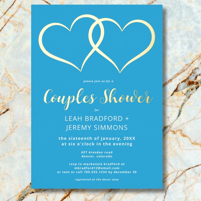 Minimal Two Hearts French Blue Couples Shower Foil Invitation (Minimal Two Hearts French Blue Couple Shower Photo Foil Invitation)