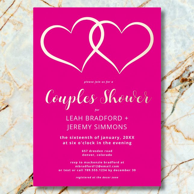 Minimal Two Hearts Hot Pink Couples Shower Foil Invitation (Minimal Two Hearts Hot Pink Couples Shower Foil Invitation)