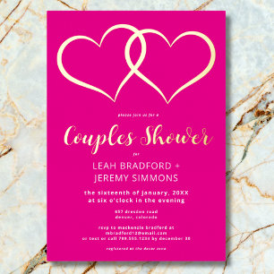 Minimal Two Hearts Hot Pink Couples Shower Foil Invitation