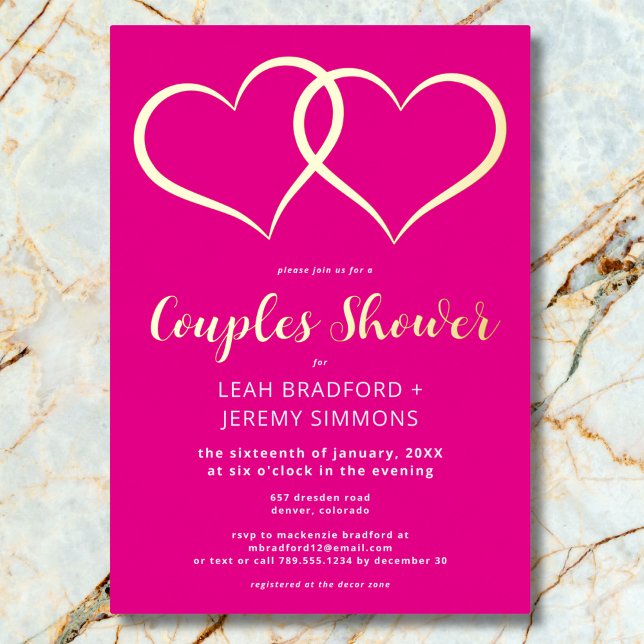 Minimal Two Hearts Hot Pink Couples Shower Foil Invitation (Minimal Two Hearts Sunset Orange Couples Shower Foil Invitation)