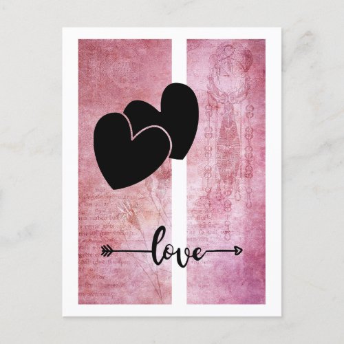 Minimal Two Hearts Love Arrow Deep Pink Background Postcard